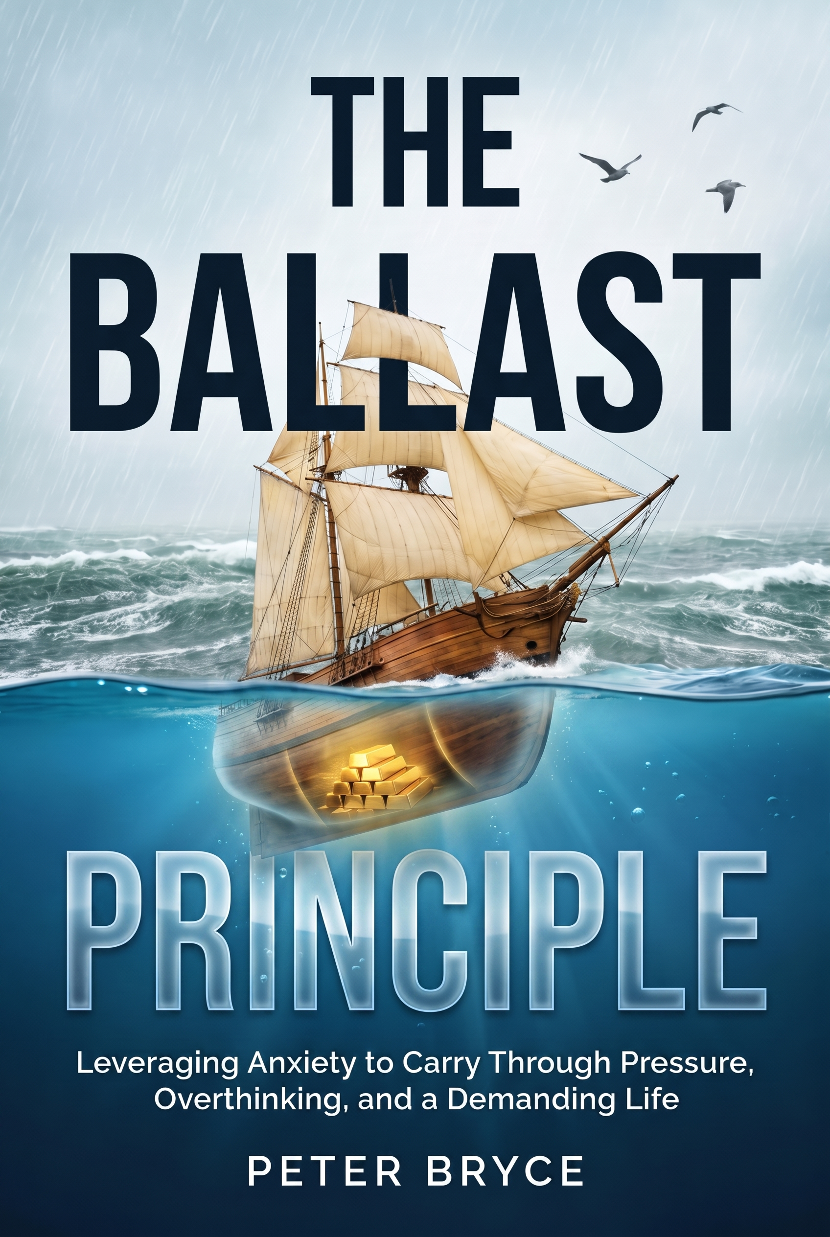 The Ballast Principle book cover: a wooden sailing ship in a bright storm, gold ballast glowing in its hull below the waterline.